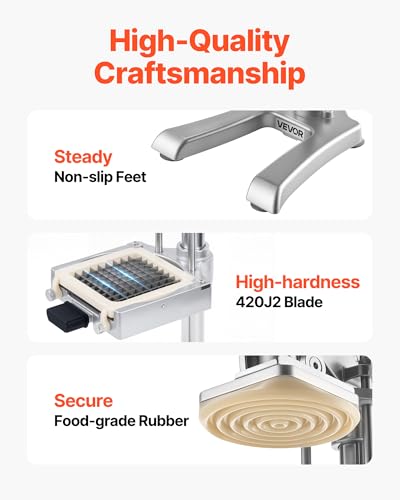 VEVOR French Fry Cutter, Ergonomic Potato Slicer with 3 Blades (1/2", 3/8", 1/4") & Juicer Plate, Easy-Replace Vegetable Chopper Dicer for Carrot, Onion, Lemon, Ideal for Home & Commercial Kitchens - size: 1/4" + 3/8" + 1/2" + Juicer Plate