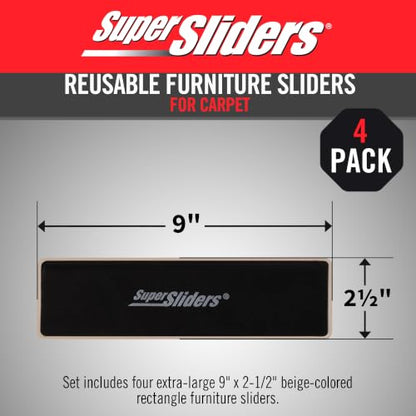 Super Sliders 2-1/2" x 9" XL Rectangle Reusable Furniture Sliders for Carpet, Anti-Slip Protective Furniture Moving Pads for Beds, Sofas, Dressers, Set of 4, Beige - style: For Carpet