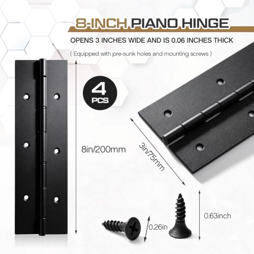 Zonon 4 Pack Heavy Duty Piano Hinge 8'' x 3'' Width 0.060'' Thick, Black - color: Black, size: 8''