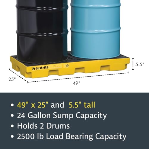 Justrite Low Profile 2 Drum Spill Containment Pallet Accumulation Center - 5.5" Tall - 24 Gal Capacity for 55 Gallon Drum Containment - Made in The USA from 30% Recycled Polyethylene - Yellow - 28654 - color: Yellow, style: 2 Drum