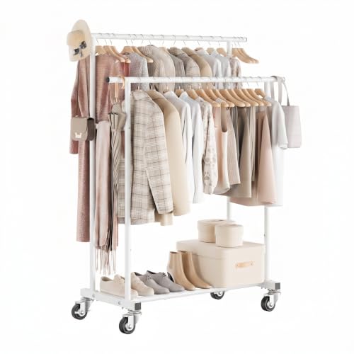 Calmootey Rolling Garment Rack, Sturdy Clothes Organizer for Bedroom - color: White, style: Double Rods