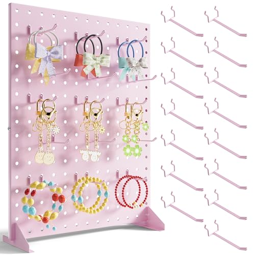 Pegboard Display Stand With 15 Peg Hooks for Retail Craft Shows & Fairs, Pink Metal Merchandise Display Rack for Selling Accessories, Display Stands for Boutique, Stores, Vendors & Events - 17x13Inch - color: Pink