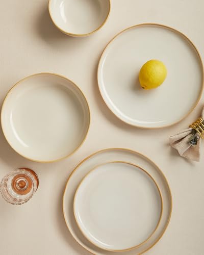 Pokini Stoneware Dinnerware Sets for 4, 16Pcs Ceramic Plates and Bowls Sets - color: Yellow White, size: Set (16pcs)