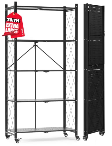 ALANNG 70.7" H Metal Storage Shelves, 5 Tier Folding Shelf on Wheels - color: Black