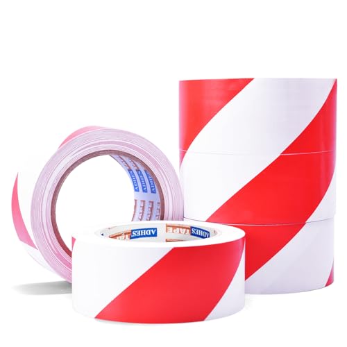 ADHES Hazard Tape Safety Warning Red White Stripe PVC Self Adhesive - color: red and white, size: 2in x 18yd