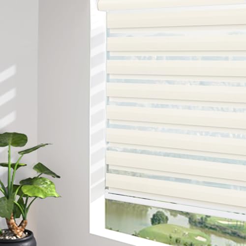 Changshade Custom Size Cordless Zebra Roller Blinds for Window, Light Filtering Dual Layer Roller Zebra Shades with Thermal Insulated for Office,Living Room,Bedroom Easy Installation, Beige Yellow - color: Light Beige Yellow, size: Drill Installation-Cust