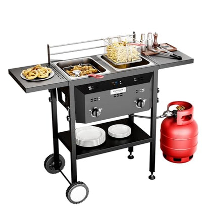 ROVSUN Outdoor Deep Fryer with 8QT & 8QT Stainless Steel Tank & Basket, Portable Propane Gas Fryer with Rolling Cart, Storage Shelves, Lids & Thermometer for Outdoor Backyard Cooking Frying