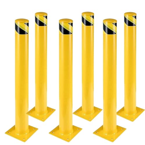 Safety Bollard 6 Packs, 48 Inch Height Bollard Post, 4.5 Inch Diameter, Yellow Safety Steel Bollard Post with 24 Anchor Bolts, for Traffic Control, Driveway Barrier, Parking Pole - size: 48inch