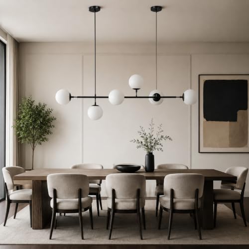 KCO Black Linear Pendant Light Frosted White Glass Globe Sputnik Chandelier - color: Black+White