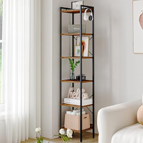 Hzuaneri Bookshelf, Book Shelf, Industrial Bookcase with 2 Hooks - color: Rustic Brown, size: 9.4"D x 15.4"W x 72.8"H