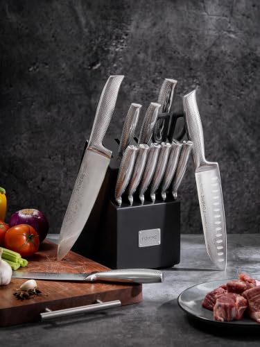 Knife Set, FOHERE 14 Pieces Kitchen Knife Set with Built-in 5 x Sharpeners, Waved Texture Knife Set with Block, Stainless Steel Knife Block Set, Sharp Knives Set with Ergonomic Handle - size: 14