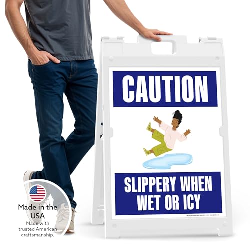 Caution Slippery When Wet Or Icy With Graphic Folding Floor Sign, 18x24 Inches, Portable A Frame, Made in USA by My Sign Center - size: 18x24 Plastic