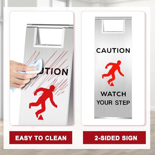 Tandefio 2 Pcs Stainless Steel Caution Watch Your Step Signs 24 Inch Foldable Wet Floor Sign Double Sided Commercial Safety Warning Industrial Warning Mark for Office Hotel Market Restroom Restaurant