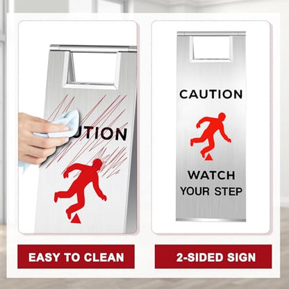 Tandefio 2 Pcs Stainless Steel Caution Watch Your Step Signs 24 Inch Foldable Wet Floor Sign Double Sided Commercial Safety Warning Industrial Warning Mark for Office Hotel Market Restroom Restaurant