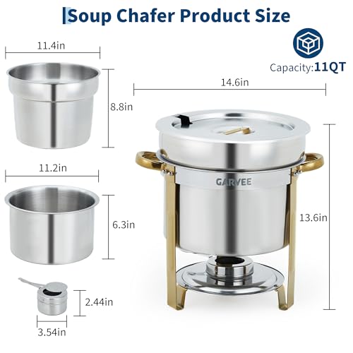 GarveeHome 11QT Round Soup Chafer Sets of 4, Commercial Soup Warmer with Pot, Notched Lids & Fuel Holders, Stainless Steel Food Warmer for Buffets Parties Wedding Banquets Catering, Gold - color: Gold, size: 11QT-4 Pcs