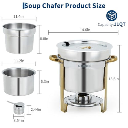 GarveeHome 11QT Round Soup Chafer Sets of 4, Commercial Soup Warmer with Pot, Notched Lids & Fuel Holders, Stainless Steel Food Warmer for Buffets Parties Wedding Banquets Catering, Gold - color: Gold, size: 11QT-4 Pcs