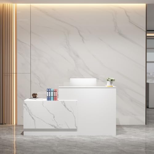 L-Shaped Reception Desk with Lockable Drawers, Adjustable File Cabinet & Keyboard Tray, Modern Front Counter for Office, Salon, or Lobby (Right-L Marble White/White, 70.9''L x 23.6''W x 41.3''H) - color: Right-l Marble White/White, size: 70.9''L x 23.6''W