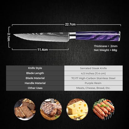 SENKEN Professional 6-Piece Steak Knife Set with Engraved Damascus Pattern, Razor Sharp Blade, High Carbon Steel with Gift Box (Purple) - color: Amethyst Purple