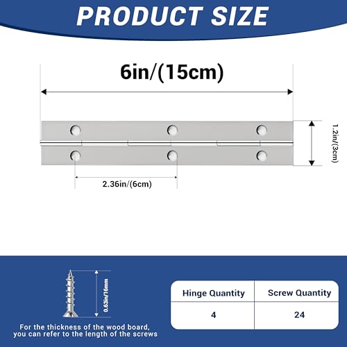 4pcs Continuous Piano Hinges,6"x1.2",0.047 inch Leaf Thickness - size: 6 Inch