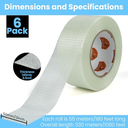 TAPEBEAR Clear Duct Tape Filament Strapping Tape 2" x 60Yards Two-Way - size: 2" x 60Yards/6Rolls