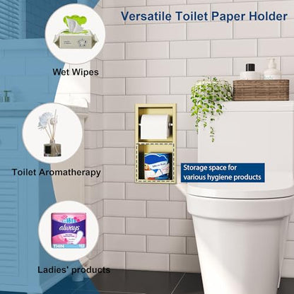 Qeke Recessed Toilet Paper Holder, Dual Rolls Tissue Toilet Holder, Golden - color: Brushed Golden