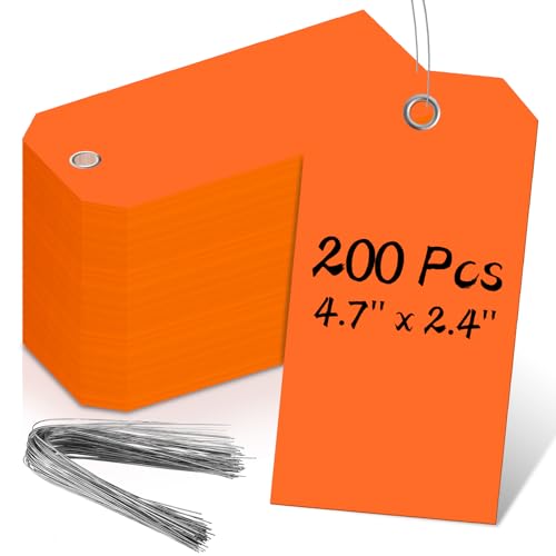4 3/4" x 2 3/8" Shipping Tags with Wire Paper Heavy Duty Hang Tags with Reinforcement Holes Writable Luggage Tag with String Durable Marking Tags (200, Neon Orange, 4 3/4" × 2 3/8") - color: Neon Orange, size: 4 3/4" × 2 3/8"