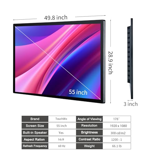 55 inch Capacitive Multi-Touch Screen Industrial Monitor, 16:9 Display 4K, Built-in Speakers, USB, VGA, DP & HD-MI Ports, Digital Signage Displays and Player for Advertising - size: 55-inch