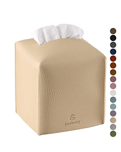 Tissue Box Cover, Jeethemy Square PU Leather Tissue Box Holder, Modern Tissue Case Facial Paper Organizer Dispenser，5X5X5'',Single Beige - color: Single Beige