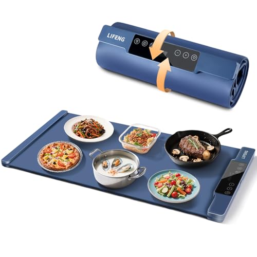 LIFENG Food Warming Mat, Extra Large 25.6×13.4 Inch Silicone Electric Warming Tray, Rollable Portable with 7 Temp Settings, Even Heating Easy Clean for Holiday Party Buffet Daily Kitchen Use, Blue - color: Blue, size: 25.59x13.39Inch