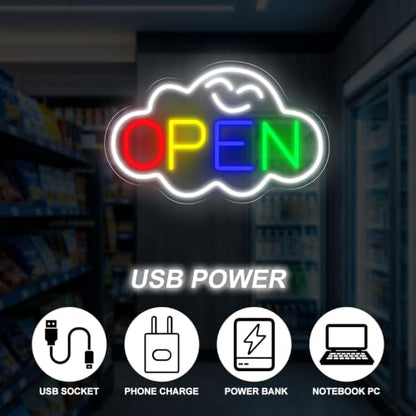 Cloud Open Neon Sign For Business, Rainbow Open Welcome LED Light - color: Cloud Open