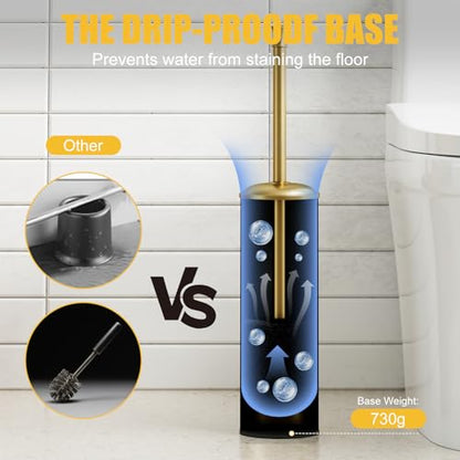 BESy Toilet Brush and Holder, Toilet Cleaner Bowl Set with Two Brush with Extra Long Handle, Durable Bristles Toilet Scrubber and Covered Holder, Drip-Proof Stainless Steel Brushed Gold - color: Brushed Gold