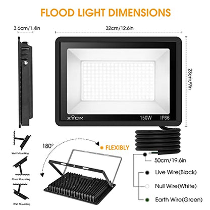 XYCN 150W LED Flood Light Outdoor,2 Pack 15500LM Super Bright Security Light,IP66 Waterproof Floodlight,5000K Daylight White LED Exterior for Basketball Court, Stadium, Playground - color: 150W 2pack led flood light