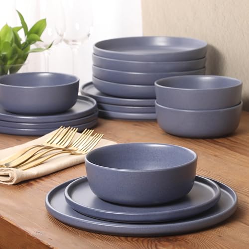 Gibson Elite Bayou Moon Plates and Bowls Sets, 16-Piece Blue Matte Stoneware Dinnerware Sets, Solid Color Reactive Glaze Dish Set - color: Matte Blue (Bayou Moon)