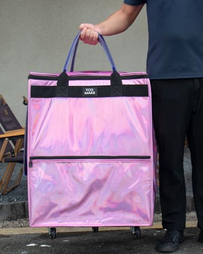 Large Phantom Pink Reusable Grocery Bag on Wheels, Folding Rolling Tote - color: Phantom Pink, size: Large