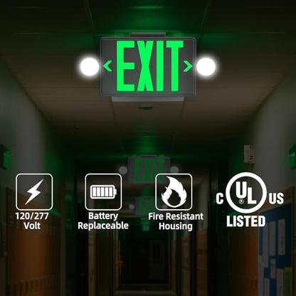 Green LED Exit Sign Emergency Light Combo UL, 1 Pack - color: White Housing+Green Letter+Light, size: 1 Pack