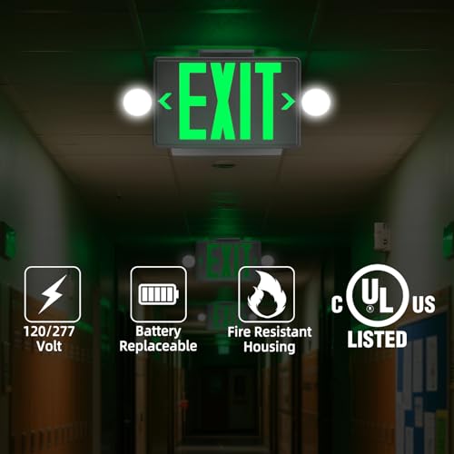 Green LED Exit Sign Emergency Light Combo UL, 2 Pack - color: White Housing+Green Letter+Light, size: 2 Pack