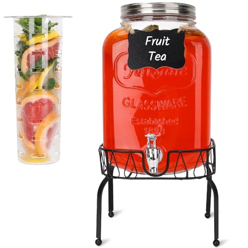 1 Pack 2 Gallon Glass Drink Dispensers with Stand, Ice Core, Spigot - size: 2 Gallon with Aluminum lid