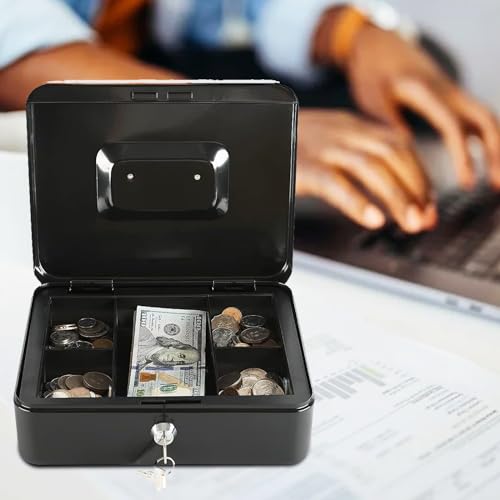 xydled Cash Box with Key Lock, Metal Money Box, Safe Storage Box, Black - color: Black, size: Medium