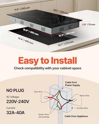 VEVOR Built in Electric Stove Top, 12 inch 2 Burners, 240V Glass Radiant Cooktop with Sensor Touch Control, Timer & Child Lock Included, 9 Power Levels for Simmer Steam Slow Cook Fry - size: 12 IN-2 Burner+Touch Control