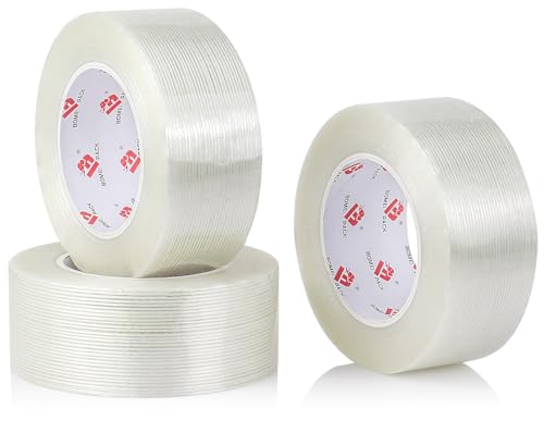 BOMEI PACK Mono Filament Tape,Strapping Tape,Fiberglass Filament Tape Transparent Reinforced Heavy Duty Packing Strips for Shipping Sealing Binding Fixing 3 Pack 2 inch x 55 Yards - size: 2 inch x 55 yards