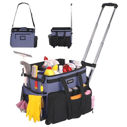 JKAOO Large Rolling Cleaning Caddy Bag with Detachable Trolley, Denim Blue - color: Denim Blue