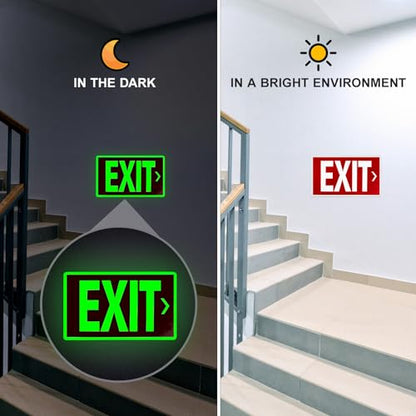 EXIT Sign - Glow In The Dark Photoluminescent EXIT Sign- 12"x7" Red With Adhesive Backing and Removable Directional Arrows Waterproof, Fade Resistant,4-Pack Exit Signs for Business