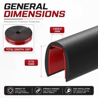 1/8 Inch Rubber Edge Trim 20ft Self-Adhesive U Channel Edge Strip - size: 20ft，1/8 Inch