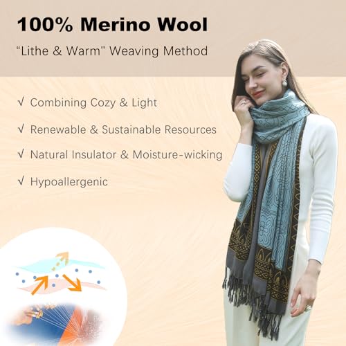 DANA XU 100% Merino Wool Extra Large Pashmina Shawl for Women - color: Blue Gold Floral