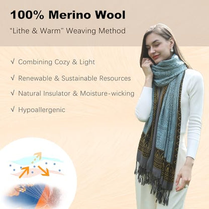 DANA XU 100% Merino Wool Extra Large Pashmina Shawl for Women - color: Blue Gold Floral