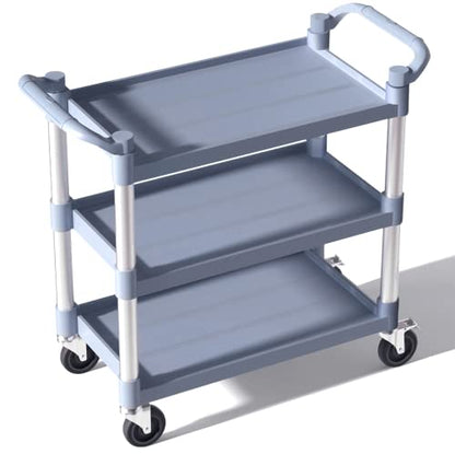 Plastic Utility Carts with Wheels, 3-Tier Large Size Restaurant Food Cart, Heavy Duty 600lbs Capacity Rolling Service Cart w/Hammer for Commercial, Kitchen, Office (Lockable Wheels, L-Grey)