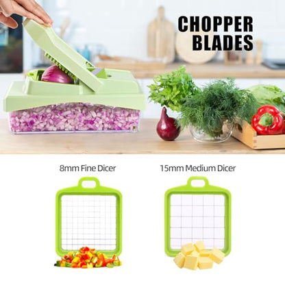 RüK 10-in-1 Vegetable Chopper – 6 Blade Veggie Chopper with Container, Food Dicer, Onion Cutter, Cheese Grater, Mandoline Slicer, Kitchen Gadgets & Home Essentials (Green) - color: Green