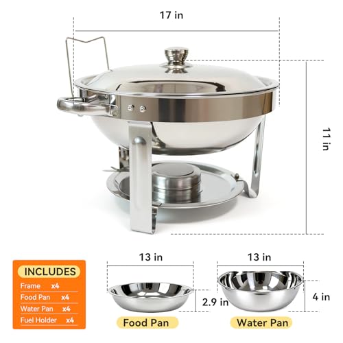 4-Pack Chafing Dishes for Buffet，6QT 304 Stainless Steel Round Chafing Dish Buffet Set - Complete Food Warmers with Lids, Water Pans, Fuel Can Holders for Catering & Wedding Receptions，Silver - color: Full Silver