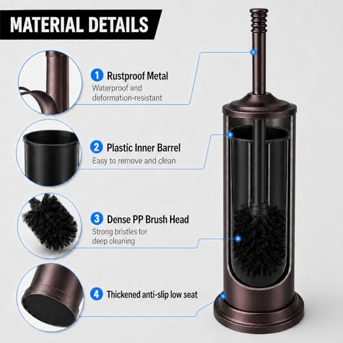 Red Bronze Toilet Brush and Holder Set，Extra Long Handled Toilet Bowl Brush and Holder，Stainless Steel Heavy Duty Toilet Brush for Bathroom,Deep Cleaning Modern Toilet Cleaner Slip Base - color: Red Bronze