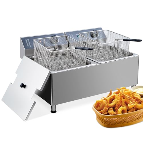 Commercial Electric Deep Fryer, 11L(11.55Qt) Double Removable Basket and Lid Stainless Steel Fast Heat Up Electric Countertop Fryer for Home and Commercial Restaurant Use, 201SS - size: 11L+11L 201